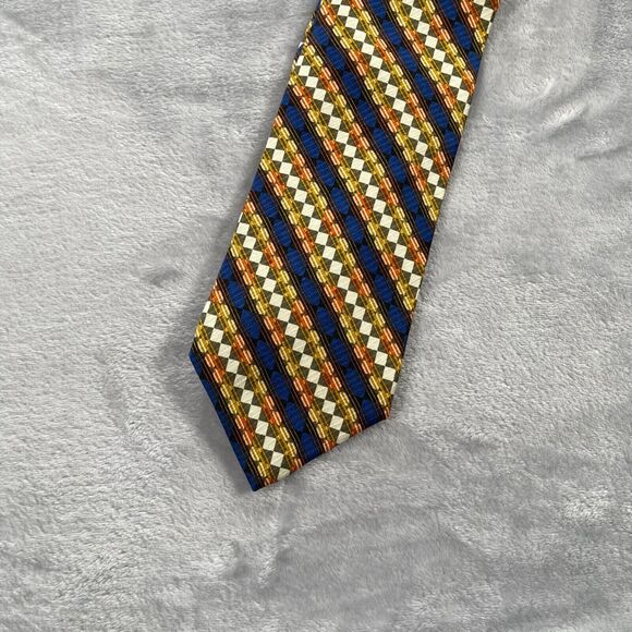 Jhane Barnes Mens Neck Tie 100% Silk Made in Japan Navy Gold Geometric Stripe - Picture 4 of 13